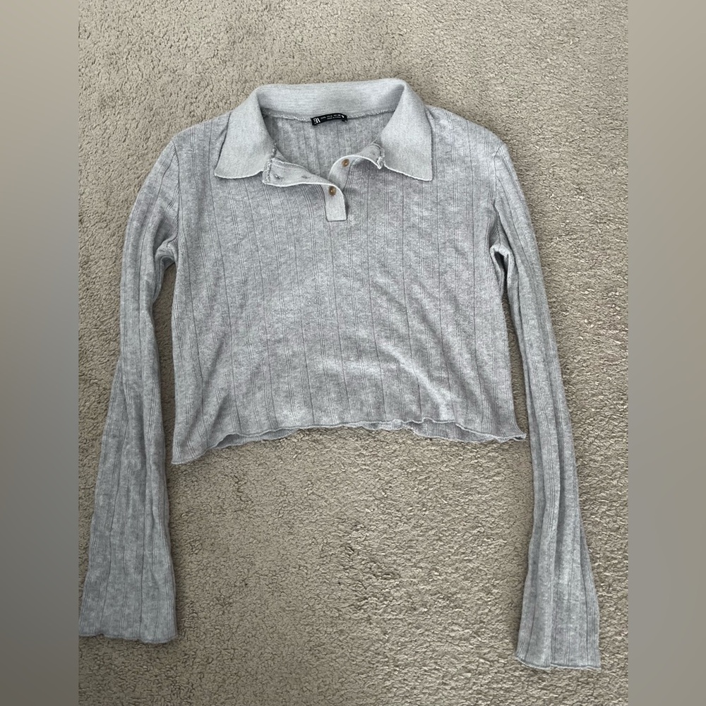 Zara Gray Knit Long Sleeve Crop Top